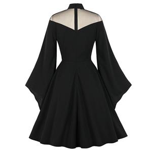 Sexy Gothic See-through Mesh Patchwork High Neck Flare Sleeve Vampire Retro Midi Dress N21491