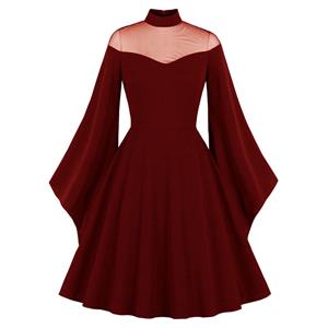 Sexy Gothic See-through Mesh Patchwork High Neck Flare Sleeve Vampire Retro Midi Dress N21492