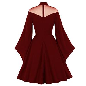 Sexy Gothic See-through Mesh Patchwork High Neck Flare Sleeve Vampire Retro Midi Dress N21492