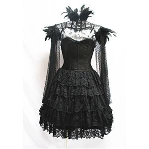 Victorian Gothic Strapless Multi-Layered Overbust Corset Dress Feather High Neck Cape Shrug N19604