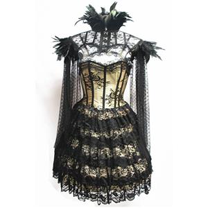 Victorian Gothic Strapless Lace Satin Overbust Corset Dress Feather High Neck Cape Shrug N19605