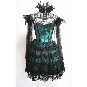 Victorian Gothic Strapless Lace Satin Overbust Corset Dress Feather High Neck Cape Shrug N19606