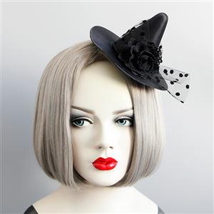 Gothic Black Flower and Mesh Witch Pointed Hat Fascinator Party Hair Clip Hairpin Accessory J18800