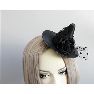 Gothic Black Flower and Mesh Witch Pointed Hat Fascinator Party Hair Clip Hairpin Accessory J18800