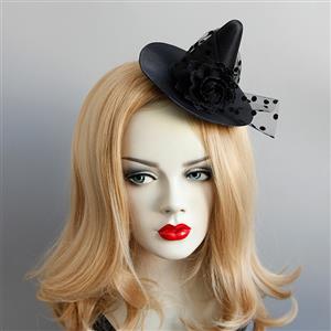 Gothic Black Flower and Mesh Witch Pointed Hat Fascinator Party Hair Clip Hairpin Accessory J18800