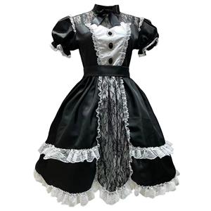 3pcs Gothic Black French Maid Ruffle Trim Puff Sleeve Mini Dress Anime Lolita Cosplay Costume N22019