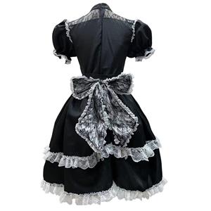 3pcs Gothic Black French Maid Ruffle Trim Puff Sleeve Mini Dress Anime Lolita Cosplay Costume N22019