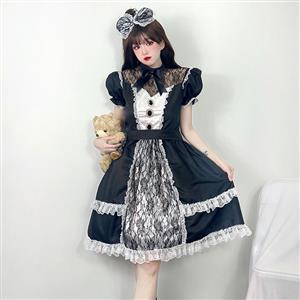 3pcs Gothic Black French Maid Ruffle Trim Puff Sleeve Mini Dress Anime Lolita Cosplay Costume N22019