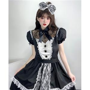 3pcs Gothic Black French Maid Ruffle Trim Puff Sleeve Mini Dress Anime Lolita Cosplay Costume N22019