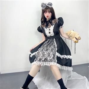 3pcs Gothic Black French Maid Ruffle Trim Puff Sleeve Mini Dress Anime Lolita Cosplay Costume N22019