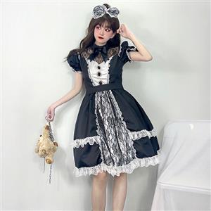 3pcs Gothic Black French Maid Ruffle Trim Puff Sleeve Mini Dress Anime Lolita Cosplay Costume N22019