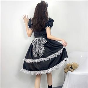 3pcs Gothic Black French Maid Ruffle Trim Puff Sleeve Mini Dress Anime Lolita Cosplay Costume N22019