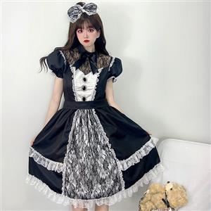 3pcs Gothic Black French Maid Ruffle Trim Puff Sleeve Mini Dress Anime Lolita Cosplay Costume N22019