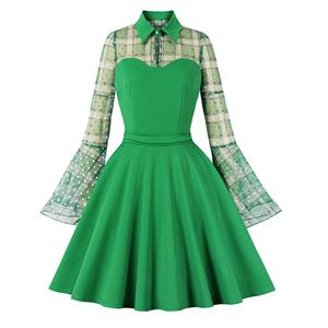 Vintage Green Lapel See-through Mesh Round Dot Grid Flare Sleeve Stitching A-line Dress N22472