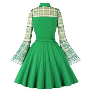 Vintage Green Lapel See-through Mesh Round Dot Grid Flare Sleeve Stitching A-line Dress N22472