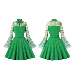 Vintage Green Lapel See-through Mesh Round Dot Grid Flare Sleeve Stitching A-line Dress N22472