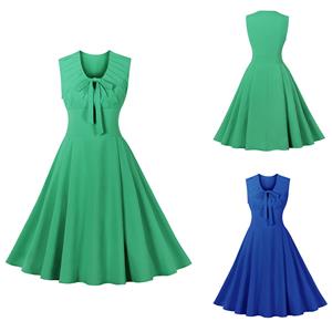 Vintage Elegant Green Sleeveless High Waist Lace-Up A-line Dress N22467