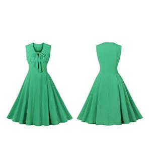 Vintage Elegant Green Sleeveless High Waist Lace-Up A-line Dress N22467