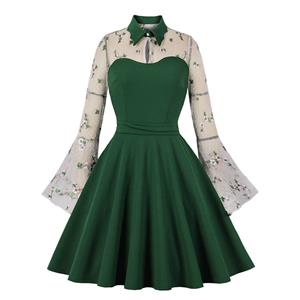 Retro Green Lapel See-through Mesh Floral Embroidered Flare Sleeve Stitching A-line Dress N22454