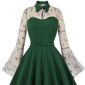 Retro Green Lapel See-through Mesh Floral Embroidered Flare Sleeve Stitching A-line Dress N22454