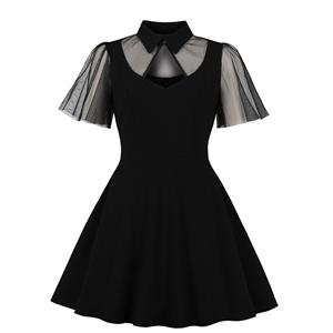 Sexy Gothic Black Sheer Mesh Splicing Lapel Cut-out Ruffle Sleeve High Waist Swing Dress N18873