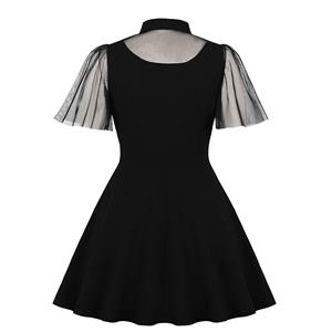 Sexy Gothic Black Sheer Mesh Splicing Lapel Cut-out Ruffle Sleeve High Waist Swing Dress N18873