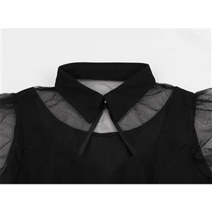 Sexy Gothic Black Sheer Mesh Splicing Lapel Cut-out Ruffle Sleeve High Waist Swing Dress N18873