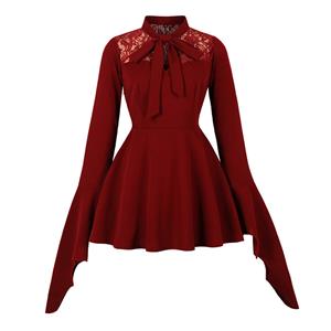 burgundy dress, Gothic lace dress, batwing sleeves, sweetheart neckline, backless dress, oversized bow, Halloween gown, evening dress, A-line skirt, lace panel dress, vampire costume, romantic Gothic, party dress, formal dress, lace trim #N23814