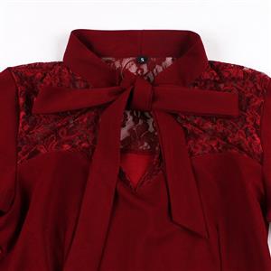 Burgundy Gothic Lace Sweetheart Dress with Batwing Sleeves - Oversized Bow Backless Evening Gown for Halloween N23814