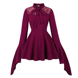 Purple Gothic Lace Sweetheart Dress with Batwing Sleeves - Oversized Bow and Flared Cuffs for Halloween N23815
