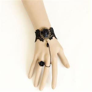 Gothic Black Floral Lace Wristband Black Rose Bracelet with Ring J18103