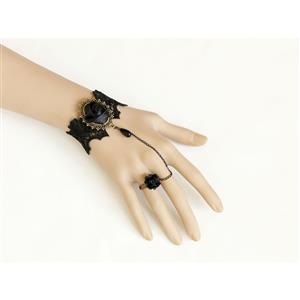 Gothic Black Floral Lace Wristband Black Rose Bracelet with Ring J18103