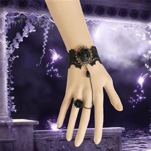 Gothic Black Floral Lace Wristband Black Rose Bracelet with Ring J18103