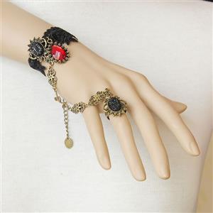 Gothic Black Lace Wristband Bronze Metal Embellishment Bracelet with Ring J17823