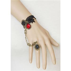 Gothic Black Lace Wristband Bronze Metal Embellishment Bracelet with Ring J17823