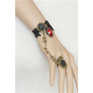 Gothic Black Lace Wristband Bronze Metal Embellishment Bracelet with Ring J17823