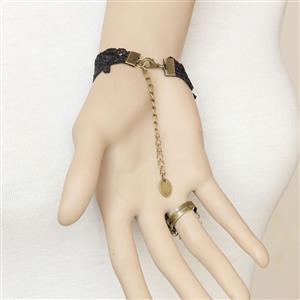 Gothic Black Lace Wristband Bronze Metal Embellishment Bracelet with Ring J17823