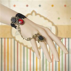 Gothic Black Lace Wristband Bronze Metal Embellishment Bracelet with Ring J17823