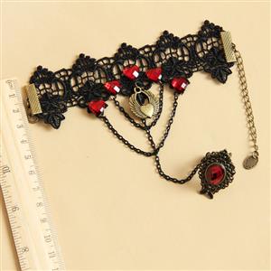 Gothic Black Lace Wristband Bronze Metal Heart Embellishment Bracelet with Ring J17824