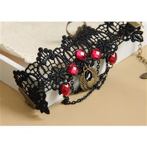 Gothic Black Lace Wristband Bronze Metal Heart Embellishment Bracelet with Ring J17824