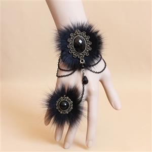 Gothic Black Floral Lace Wristband Furry Embellishment Bracelet with Ring J18080