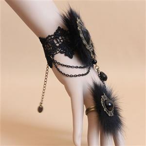 Gothic Black Floral Lace Wristband Furry Embellishment Bracelet with Ring J18080