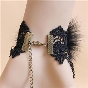 Gothic Black Floral Lace Wristband Furry Embellishment Bracelet with Ring J18080