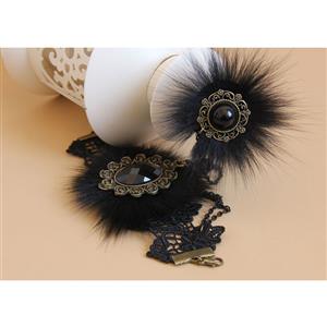 Gothic Black Floral Lace Wristband Furry Embellishment Bracelet with Ring J18080