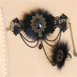 Gothic Black Floral Lace Wristband Furry Embellishment Bracelet with Ring J18080