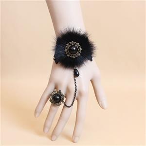 Gothic Black Floral Lace Wristband Black Furry Embellishment Bracelet with Ring J18104