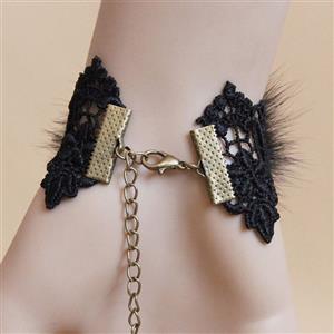 Gothic Black Floral Lace Wristband Black Furry Embellishment Bracelet with Ring J18104