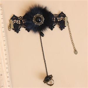 Gothic Black Floral Lace Wristband Black Furry Embellishment Bracelet with Ring J18104