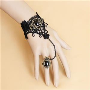 Gothic Black Floral Lace Wristband Black Gem Bracelet with Ring J18107