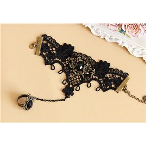 Gothic Black Floral Lace Wristband Black Gem Bracelet with Ring J18107